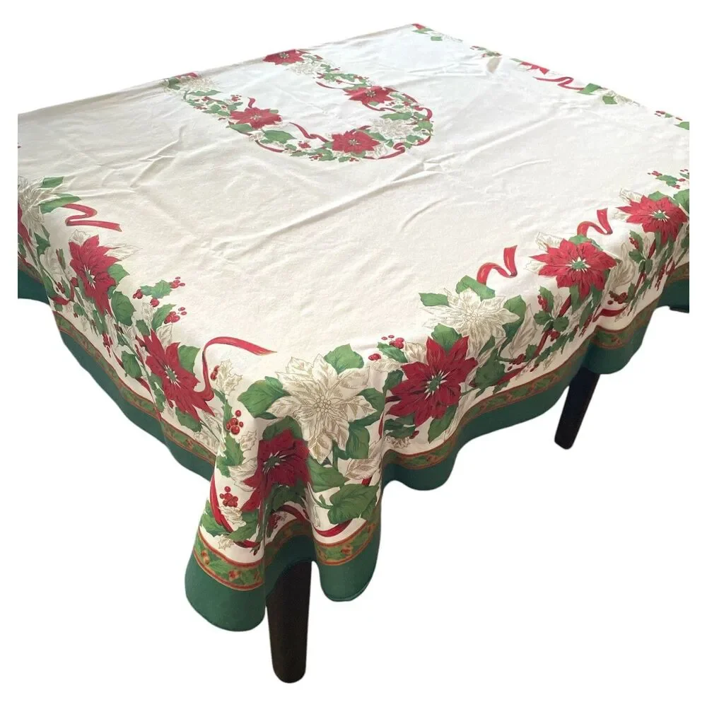 Christmas Tablecloth 60x80 Poinsettia Holly Ribbon Green Red Fashion Industries